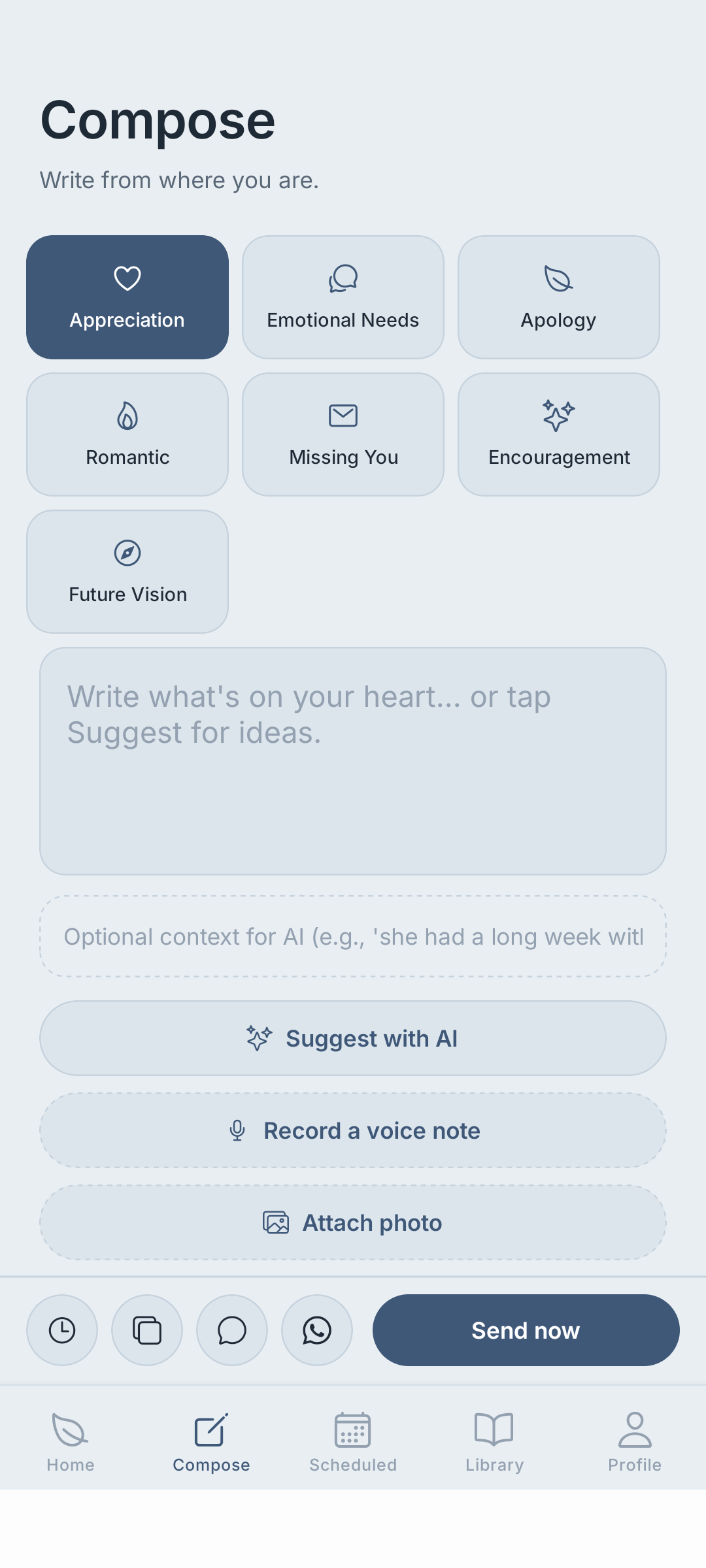 Composing a thoughtful message in the Pingher app