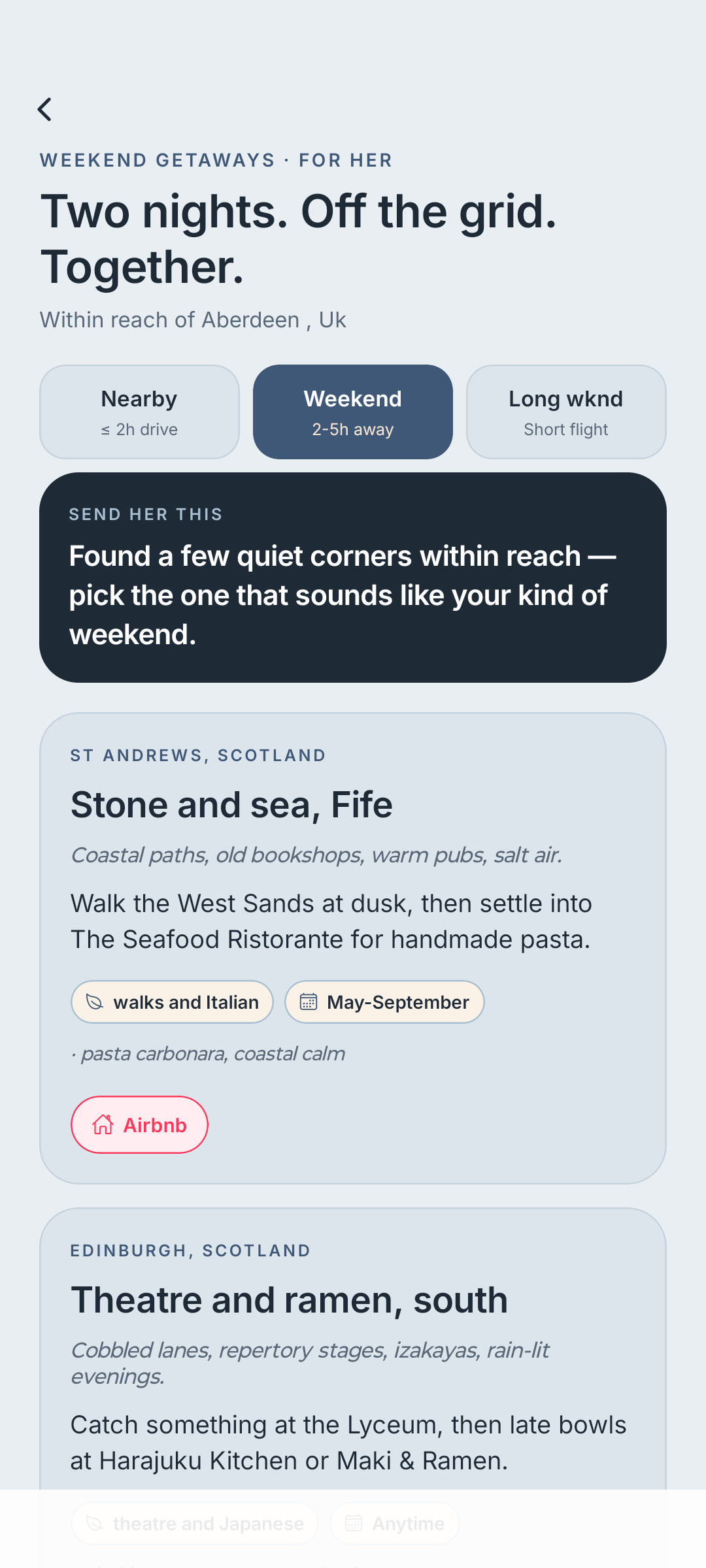 Pingher app showing a hand-picked getaway